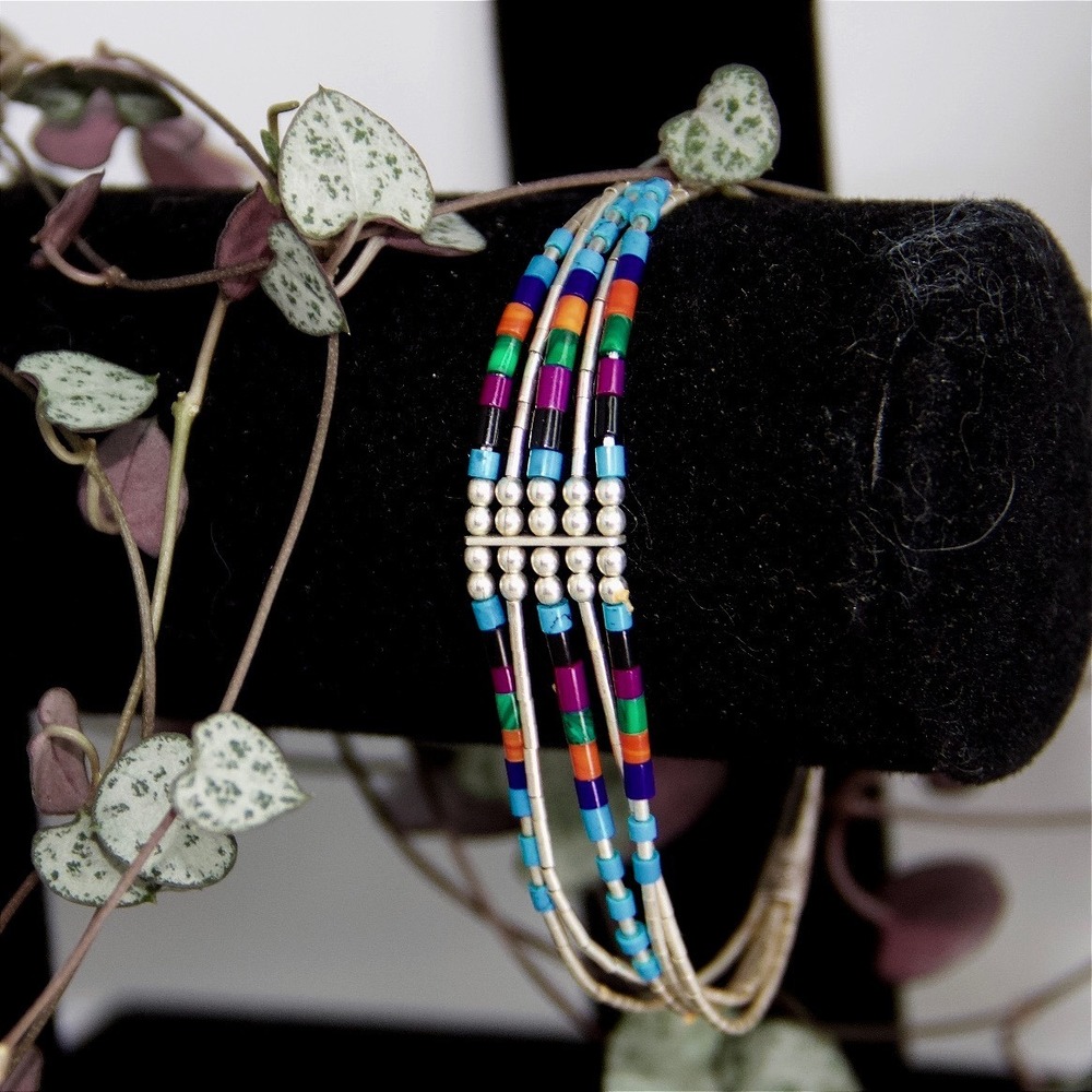 Vintage Navajo Liquid Silver Multi Strand Gemstone Bracelet Sterling‎ 925 7in